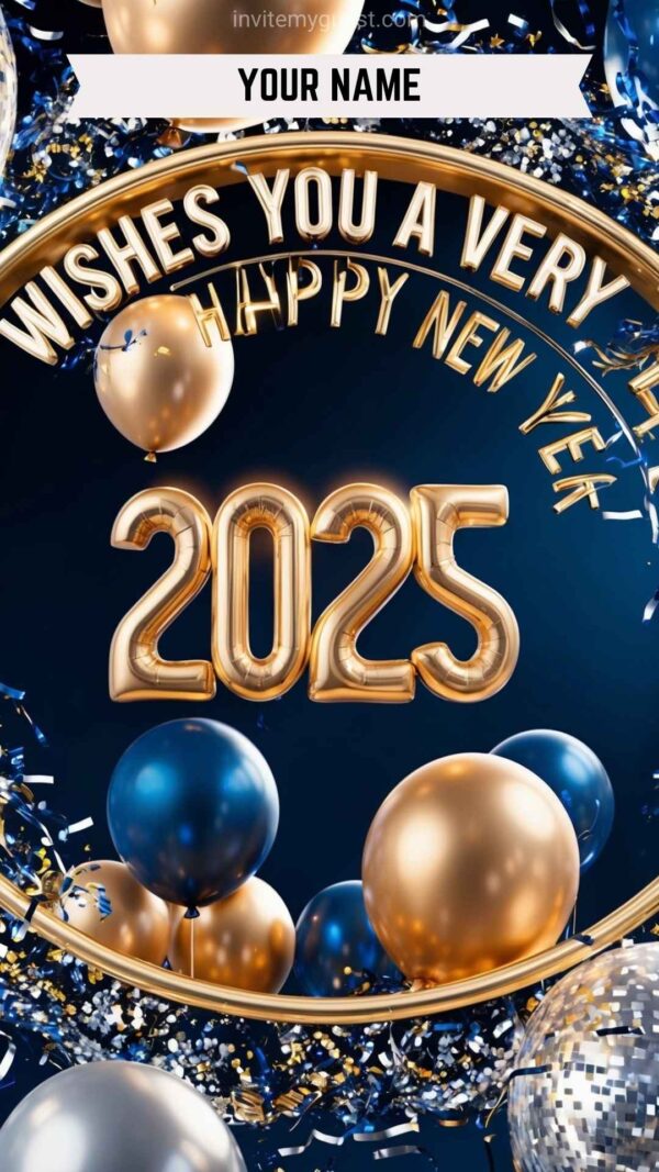 Fireworks, Illuminated "2025," Balloons, Confetti – Custom Name – New Year Celebration 2025 Greeting Card Template