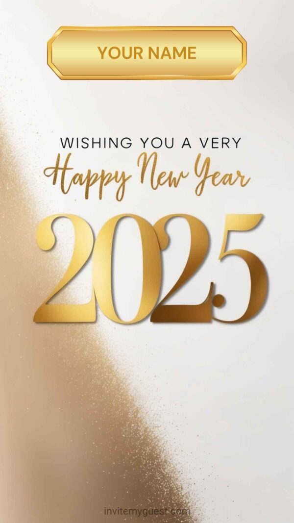 Metallic Silver Background with Colorful Confetti, Gold Text, and Customizable Name - New Year Celebration 2025 Greeting Card Template
