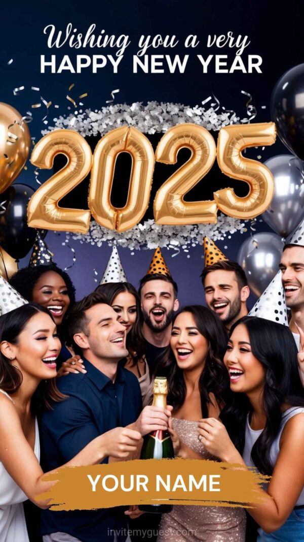 Festive New Year Celebration 2025 Greeting Card Template with Party Scene - Customizable Name