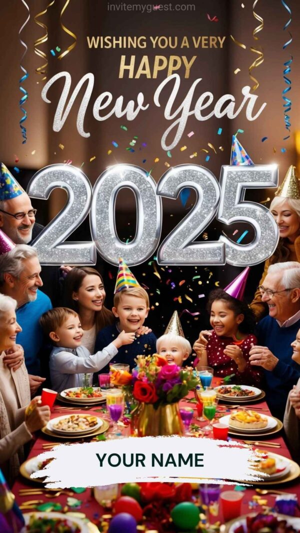 New Year Celebration 2025 Greeting Card Template with Party Scene - Customizable Name