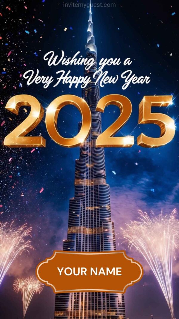 Stunning 2025 New Year Greeting Card Template with Burj Khalifa and Fireworks