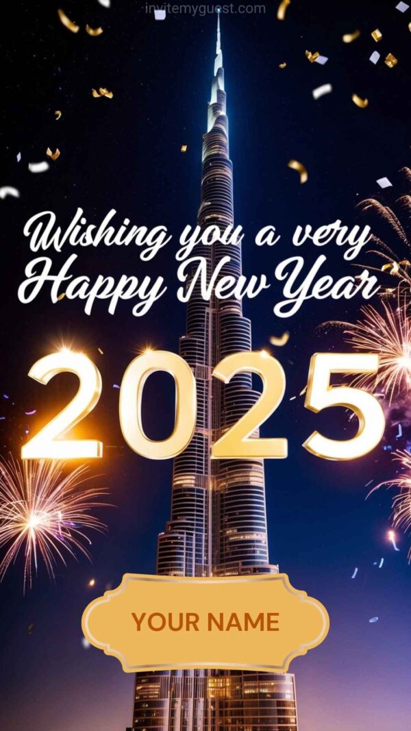 2025 New Year Card with Burj Khalifa, Fireworks, and Confetti - Customizable Canva Template