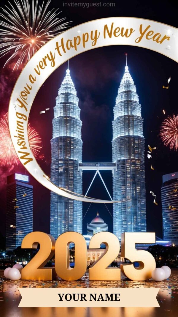 2025 New Year Card with Petronas Towers, Fireworks, and Confetti - Customizable Canva Template