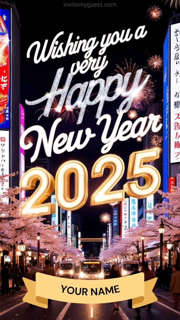 2025 New Year Card with Cityscape, Fireworks, and Festive Lights - Customizable Canva Template