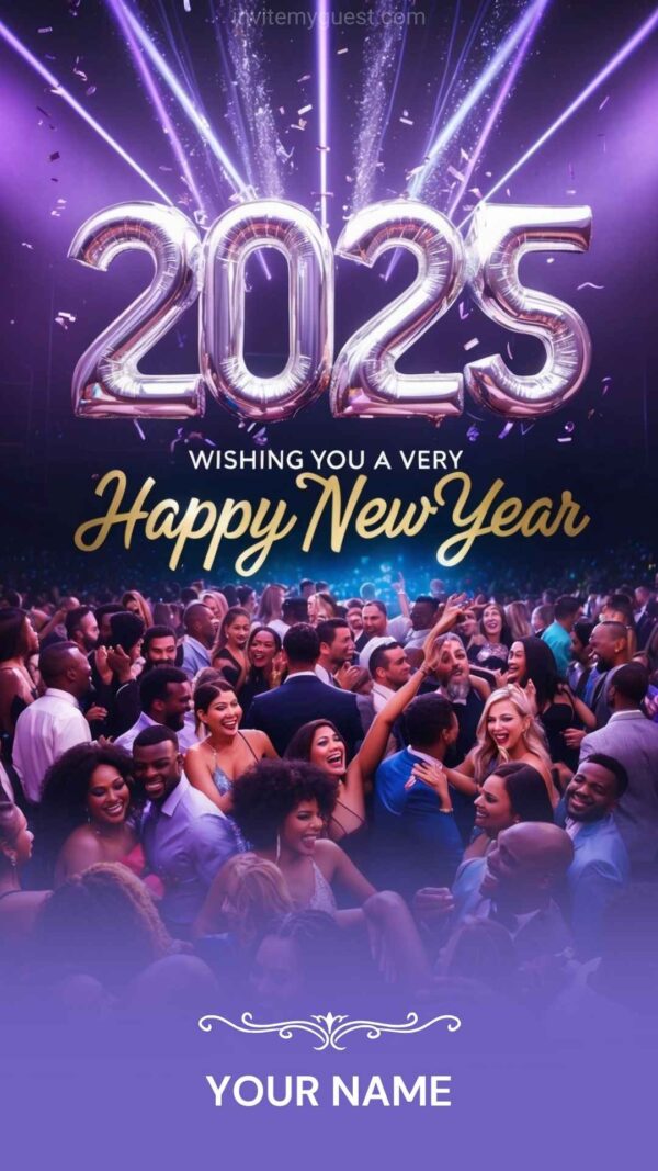 2025 New Year Card with Dancing Crowd and Confetti - Customizable Canva Template