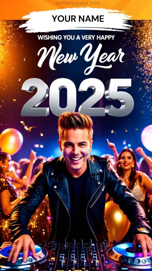 2025 New Year Card with Dancing Crowd, Confetti, and Stage Lights - Customizable Canva Template