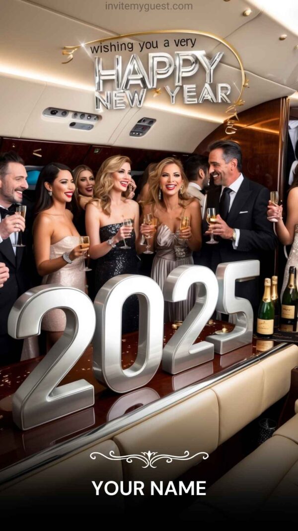 Luxurious 2025 New Year Card with Boat Party and Fireworks - Customizable Canva Template