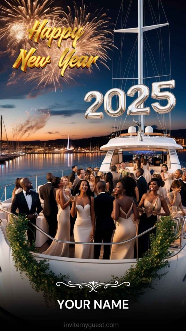 Luxurious 2025 New Year Card with Boat Party and Fireworks - Customizable Canva Template