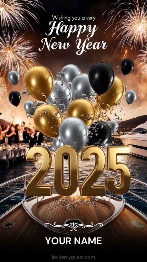 2025 New Year Card with Fireworks, Balloons, and Boat Party - Customizable Canva Template