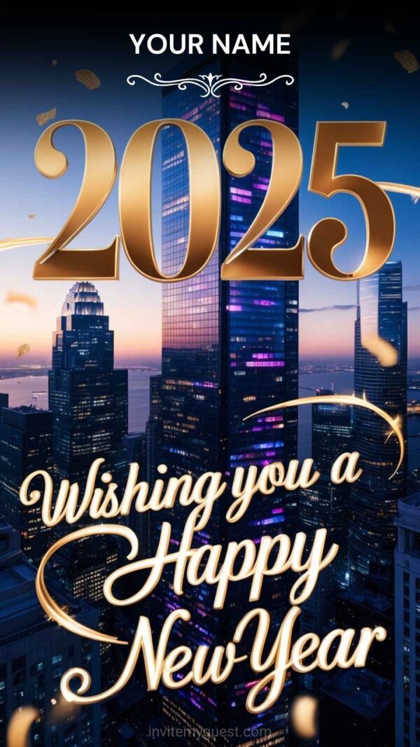 Cityscape 2025 New Year Card with Golden Numerals and Fireworks - Customizable Canva Template