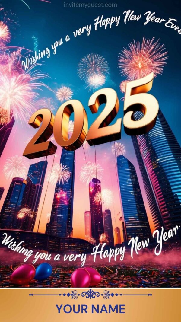 Urban 2025 New Year Card with Cityscape and Fireworks - Customizable Canva Template