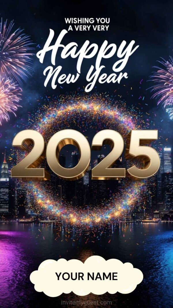 Urban 2025 New Year Card with Cityscape and Fireworks - Customizable Canva Template