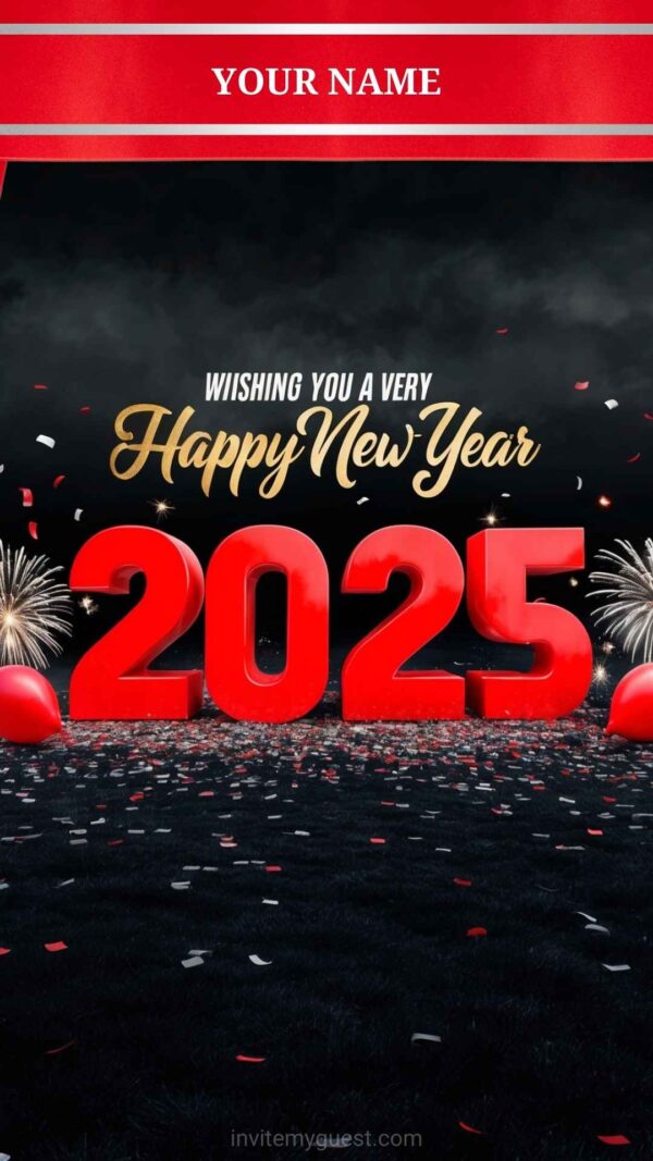 Dazzling 2025 New Year Card with Red 3D Numbers, Fireworks, and Balloons - Customizable Canva Template