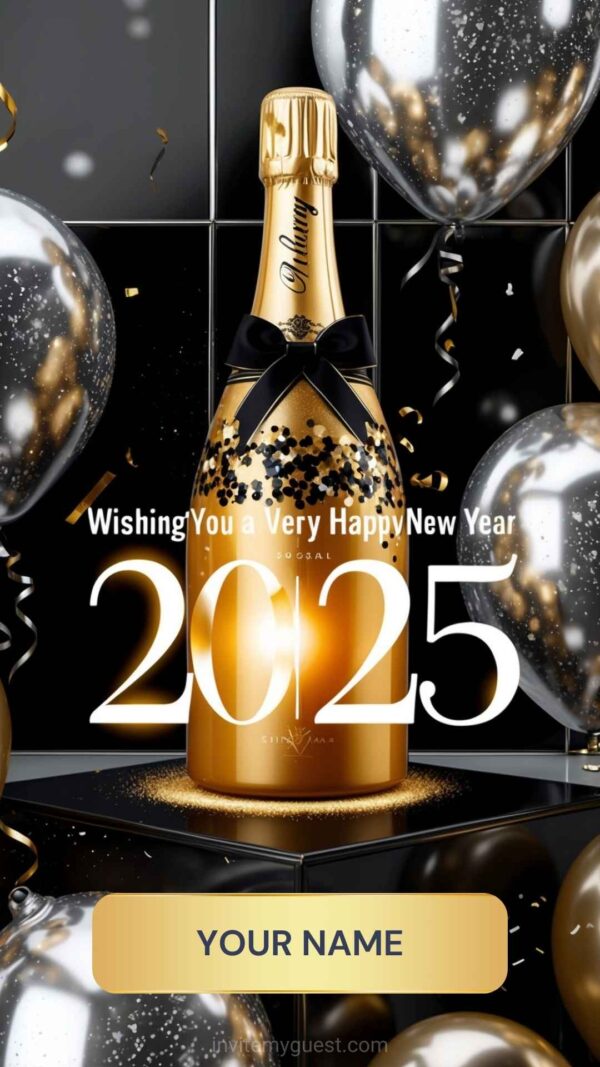 Bubbly 2025 New Year Card with Champagne Bottle and Balloons - Customizable Canva Template