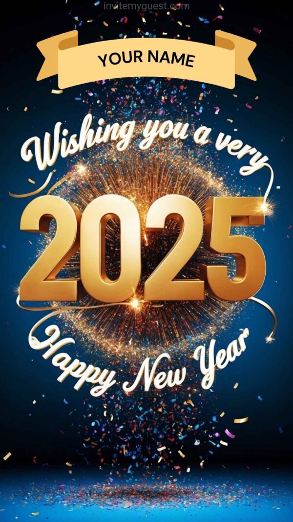 3D 2025 New Year Card with Golden Numbers and Fireworks - Customizable Canva Template