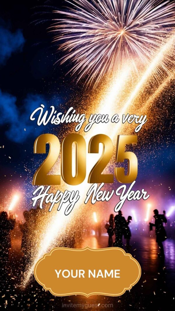 Festive 2025 New Year Card with Fireworks and People Celebrating - Customizable Canva Template