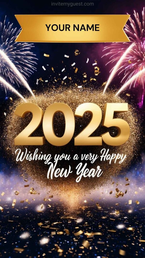 2025 New Year Card with Fireworks and Confetti - Customizable Canva Template