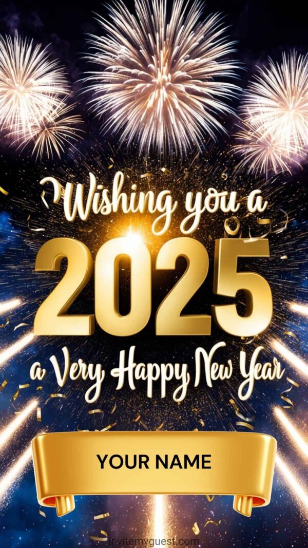 Dazzling 2025 New Year Card with Fireworks and Confetti - Customizable Canva Template