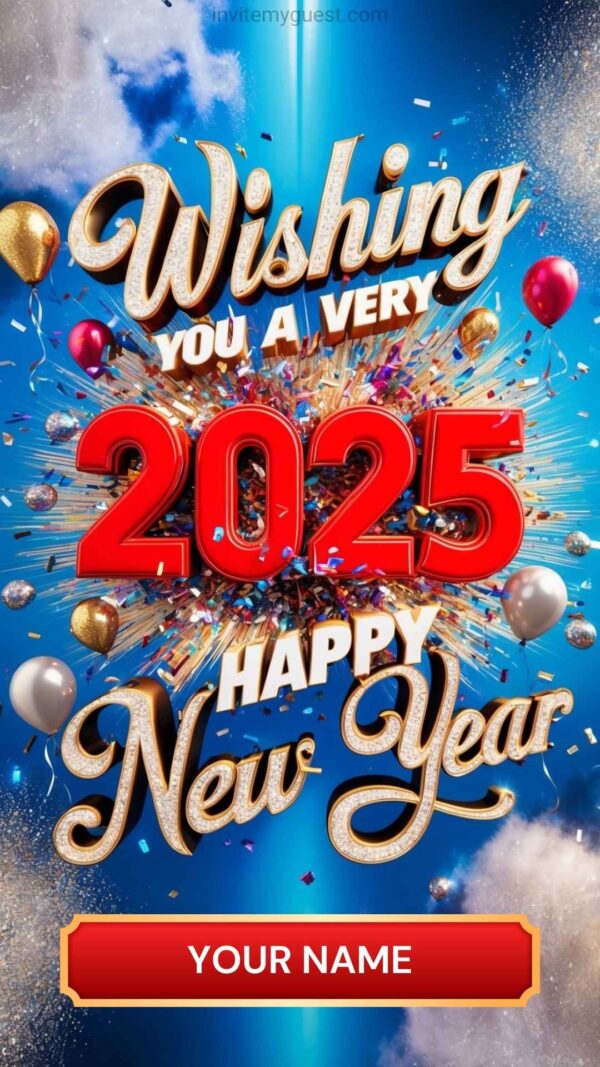 Vibrant 2025 New Year Card with Balloons and Confetti - Customizable Canva Template