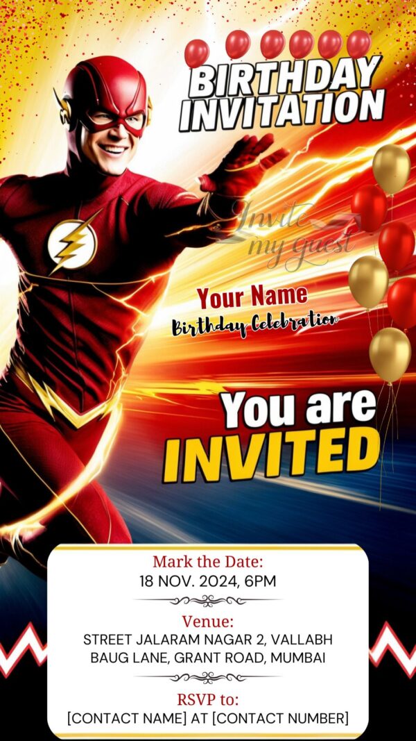 Red Streak of Lightning: The Flash Birthday Party Invitation - Customizable Digital Design