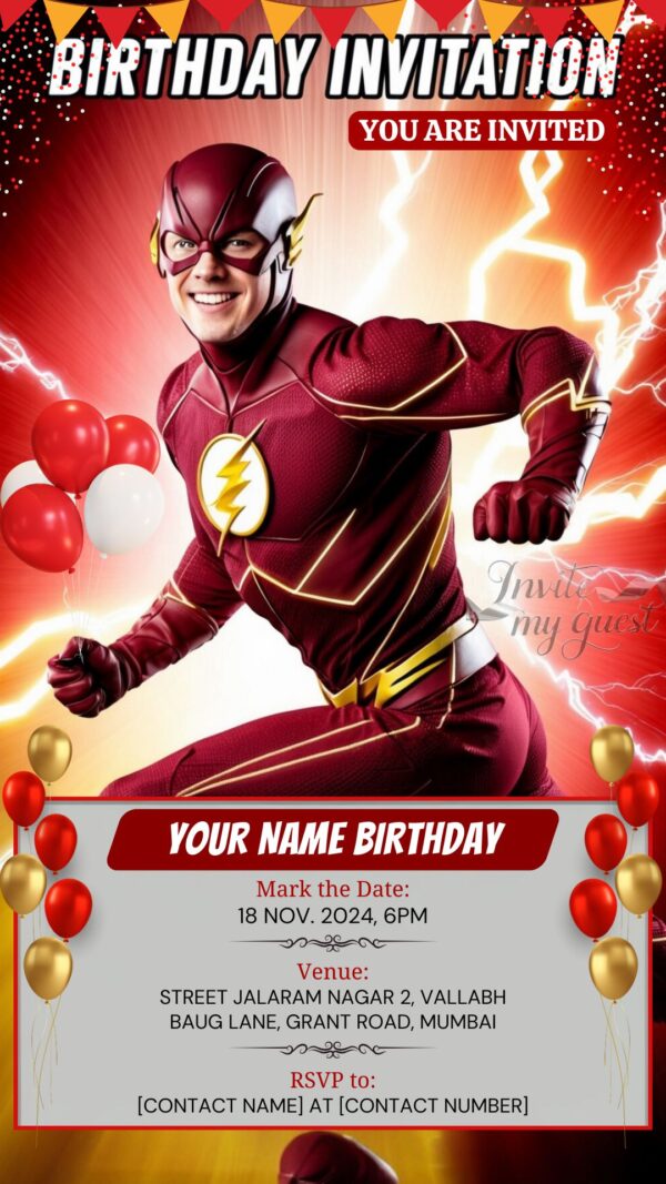 Red Streak of Lightning: The Flash Birthday Party Invitation - Customizable Digital Design