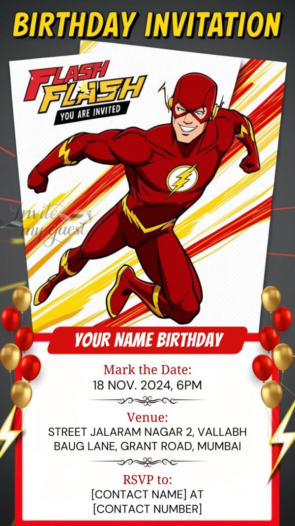 Red Streak of Lightning: The Flash Birthday Party Invitation - Customizable Digital Design