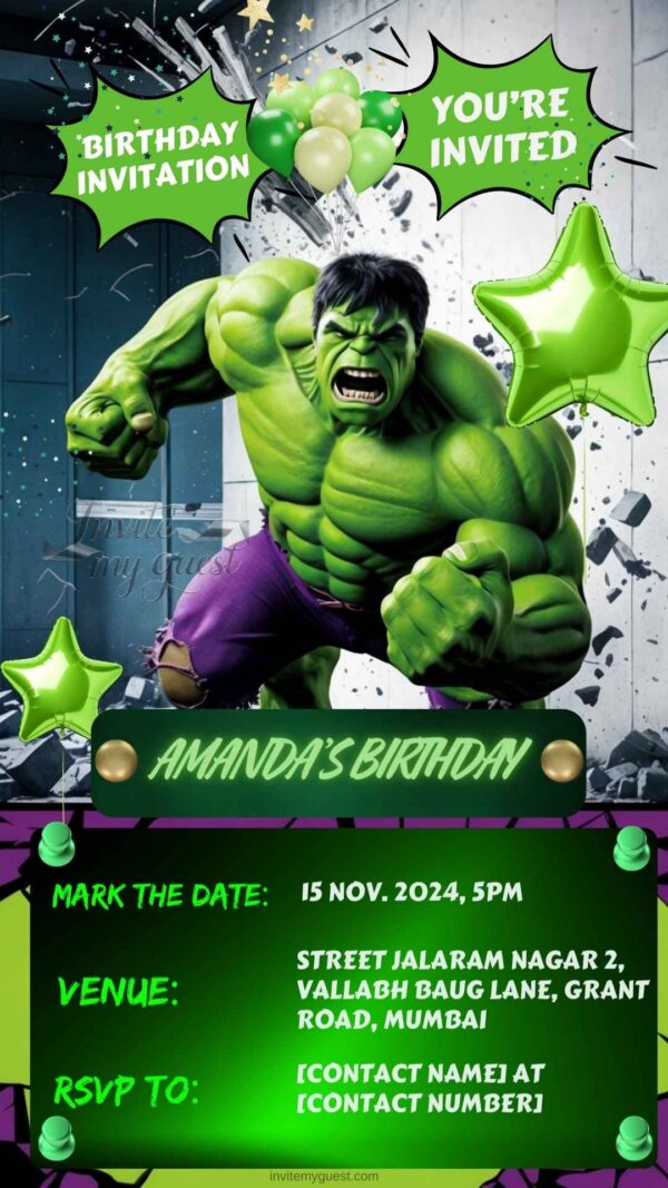 Incredible Hulk: Birthday Bash Invitation - Editable Digital Template