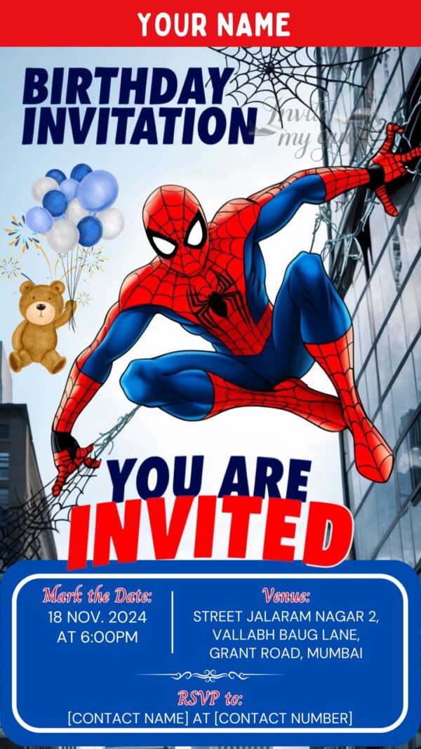 Digital Spiderman Birthday Invitation with Teddy Bear - Customizable Canva Template