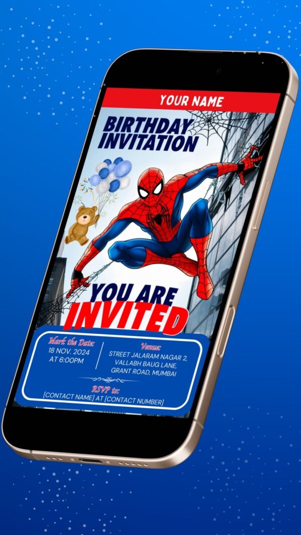 Digital Spiderman Birthday Invitation with Teddy Bear - Customizable Canva Template - Image 2