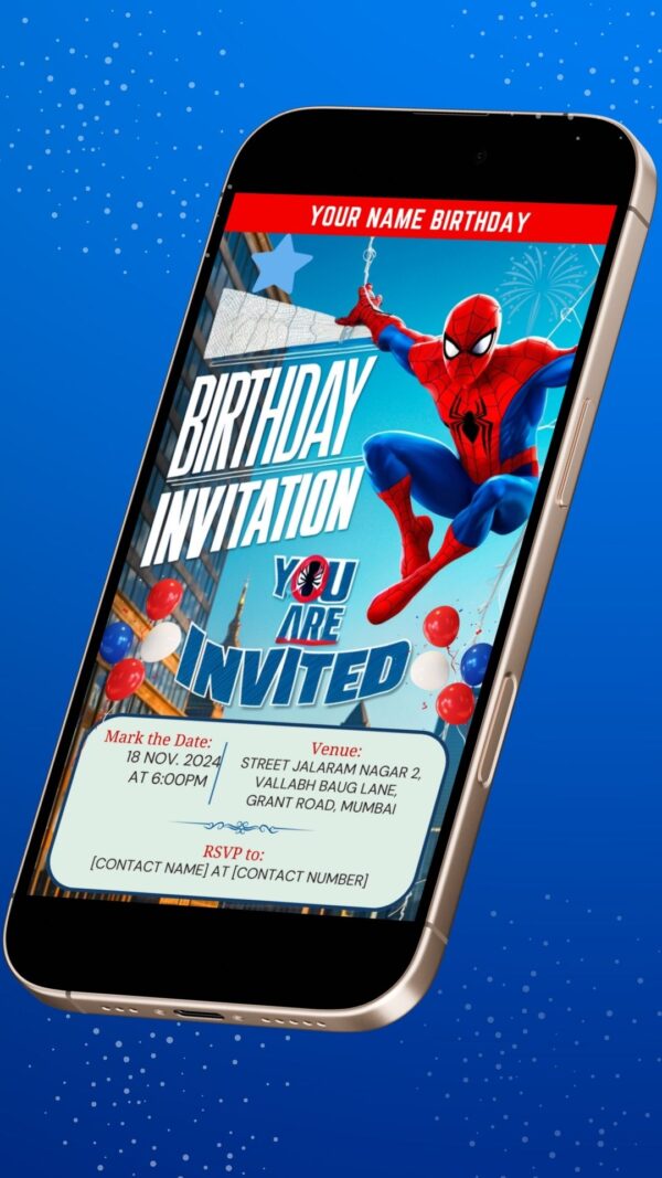 Digital Spiderman Birthday Invitation with Star, balloons - Customizable Canva Template - Image 2