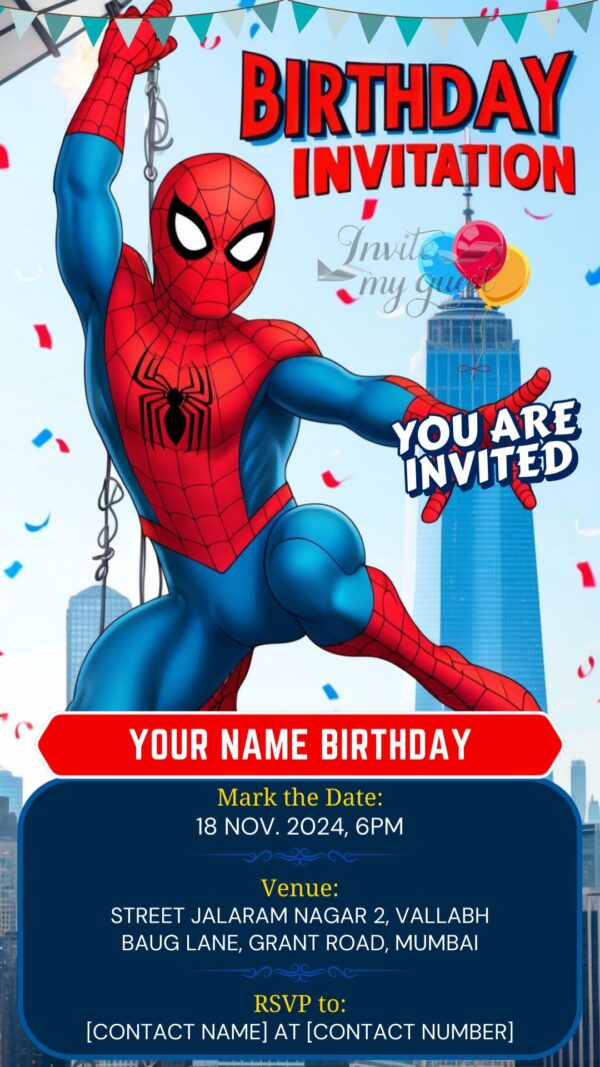 Digital Spiderman Birthday Invitation with Cityscape and Web - Customizable Canva Template