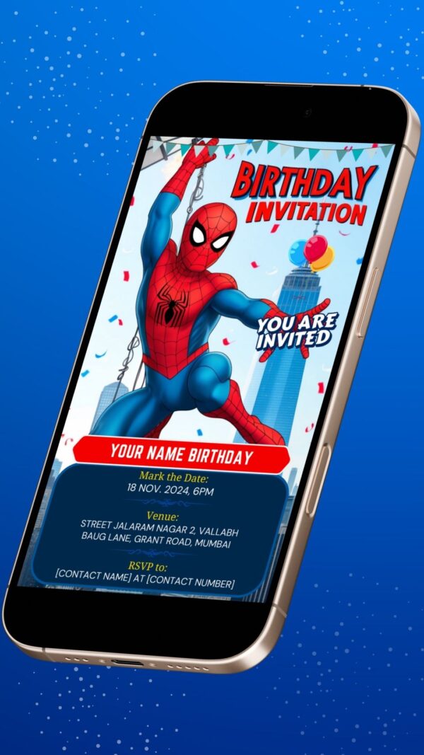 Digital Spiderman Birthday Invitation with Cityscape and Web - Customizable Canva Template - Image 2