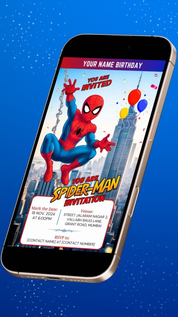 Digital Spiderman Birthday Invitation with Cityscape and Balloons - Customizable Canva Template - Image 2