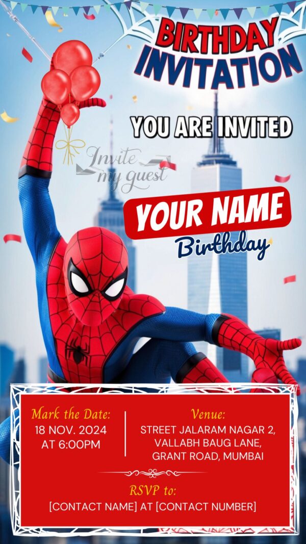 Digital Spiderman Birthday Invitation with Cityscape and Balloons - Customizable Canva Template