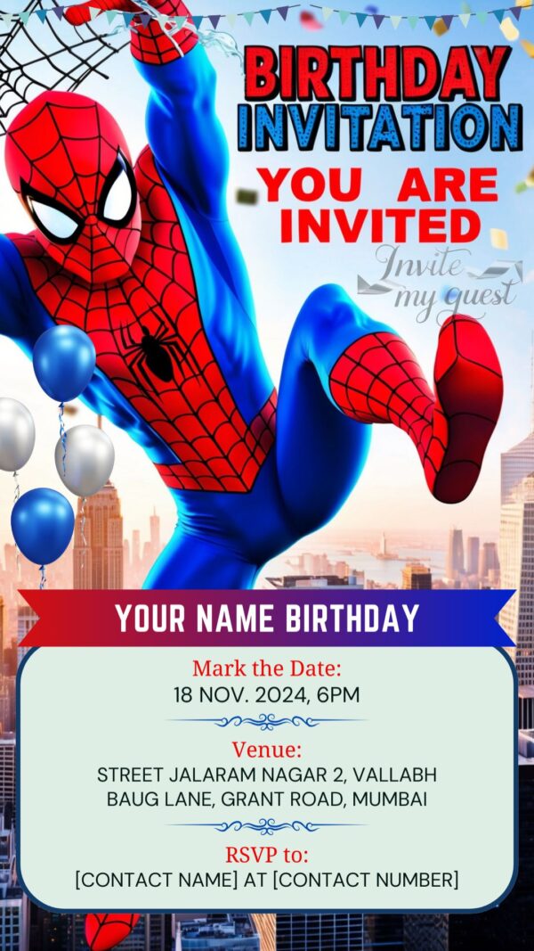 Digital Spiderman Birthday Invitation with Cityscape and Web and Balloons - Customizable Canva Template