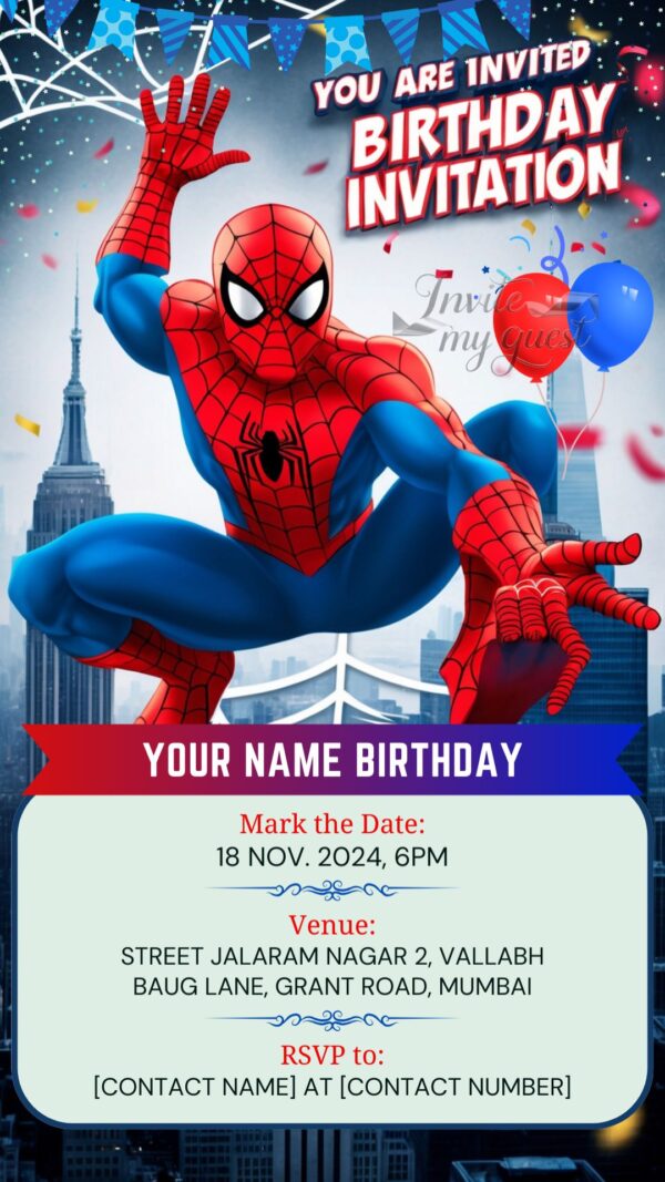 Digital Spiderman Birthday Invitation with Cityscape and Balloons - Customizable Canva Template