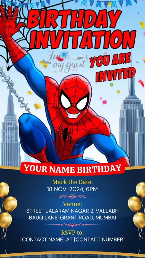 Digital Spiderman Birthday Invitation with Cityscape and Confetti - Customizable Canva Template