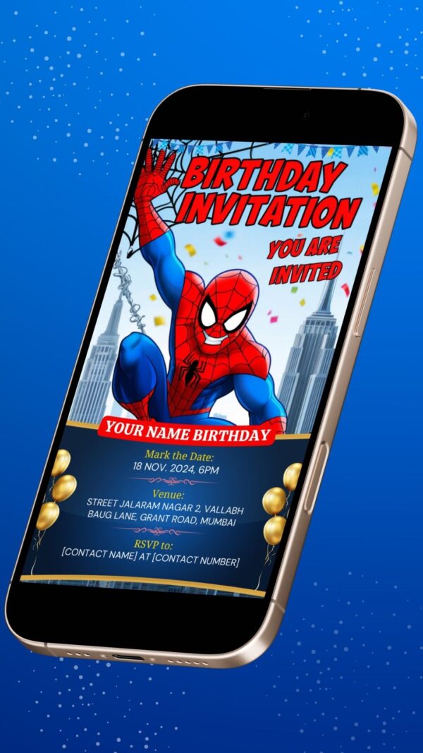 Digital Spiderman Birthday Invitation with Cityscape and Confetti - Customizable Canva Template - Image 2