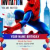 Digital Spiderman Birthday Invitation with Cityscape and Web Swinging - Customizable Canva Template
