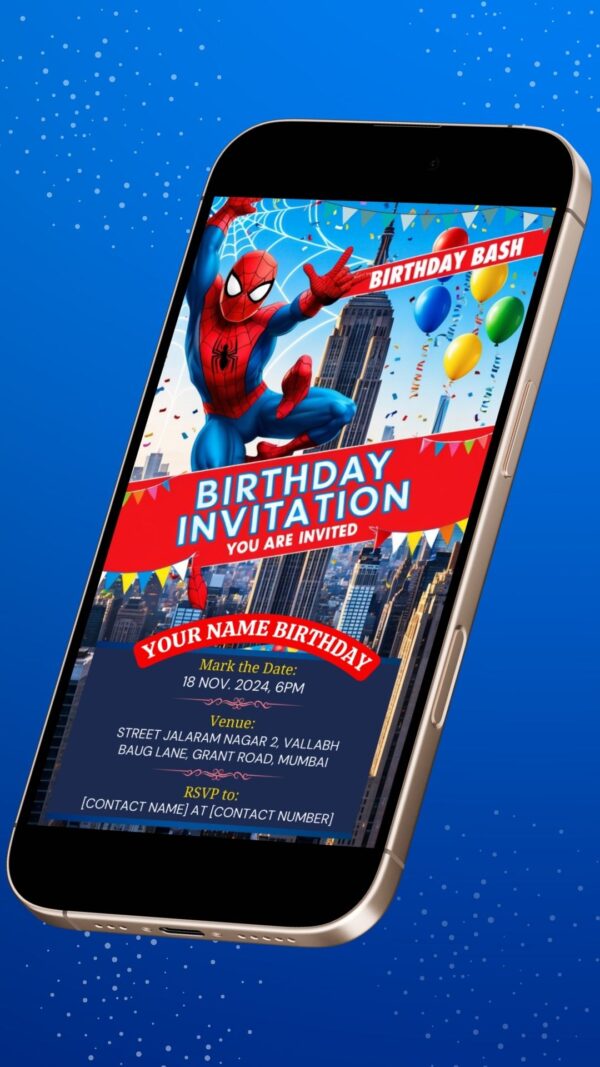 Digital Spiderman Birthday Invitation with Colorful Balloons and Cityscape - Customizable Canva Template - Image 2