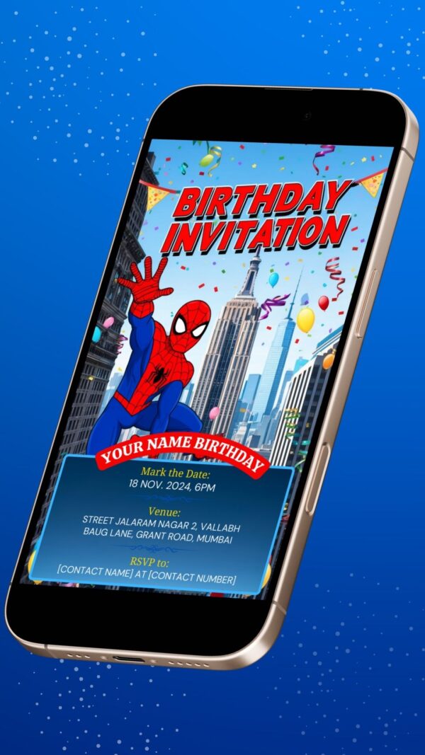 Digital Spiderman Birthday Invitation with Cityscape, Balloons, and Buildings - Customizable Canva Template - Image 2