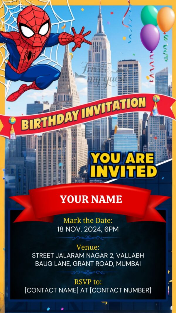 Digital Spiderman Birthday Invitation with Cityscape, Buildings, and Balloons - Customizable Canva Template