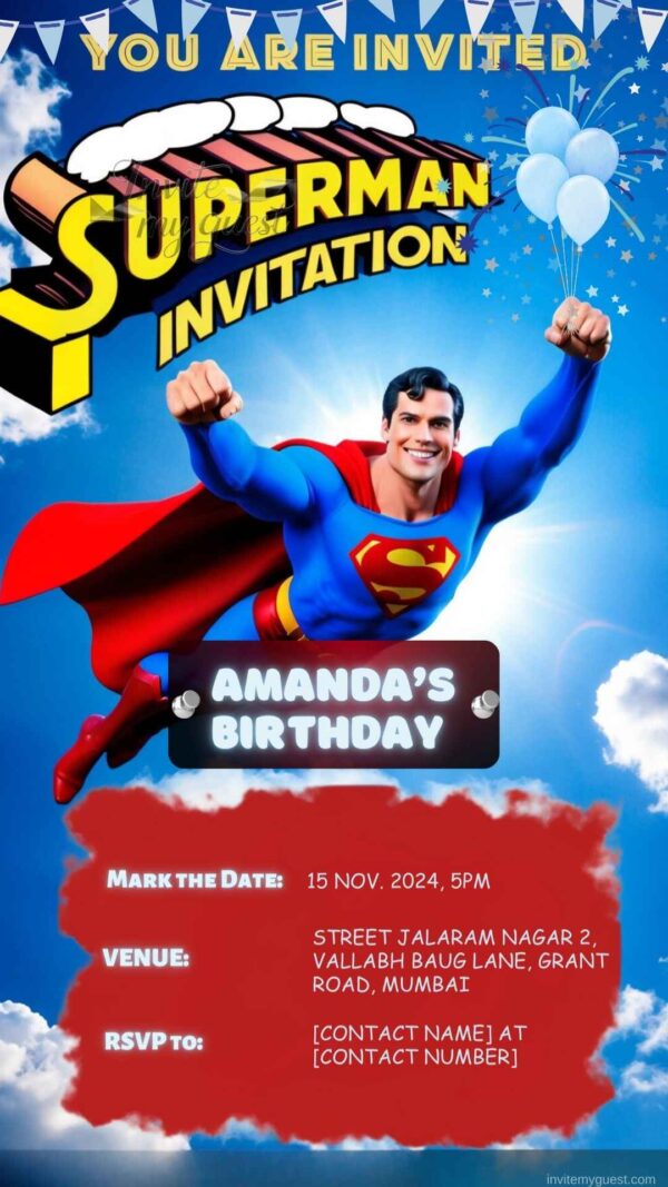 Superman’s Flight of Justice: The Superman Birthday Party Invitation – Customizable Digital Design