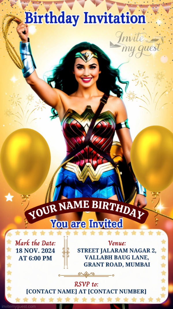 A Day with the Amazons Birthday Party Invitation Featuring Wonder Woman - Customizable Digital Design