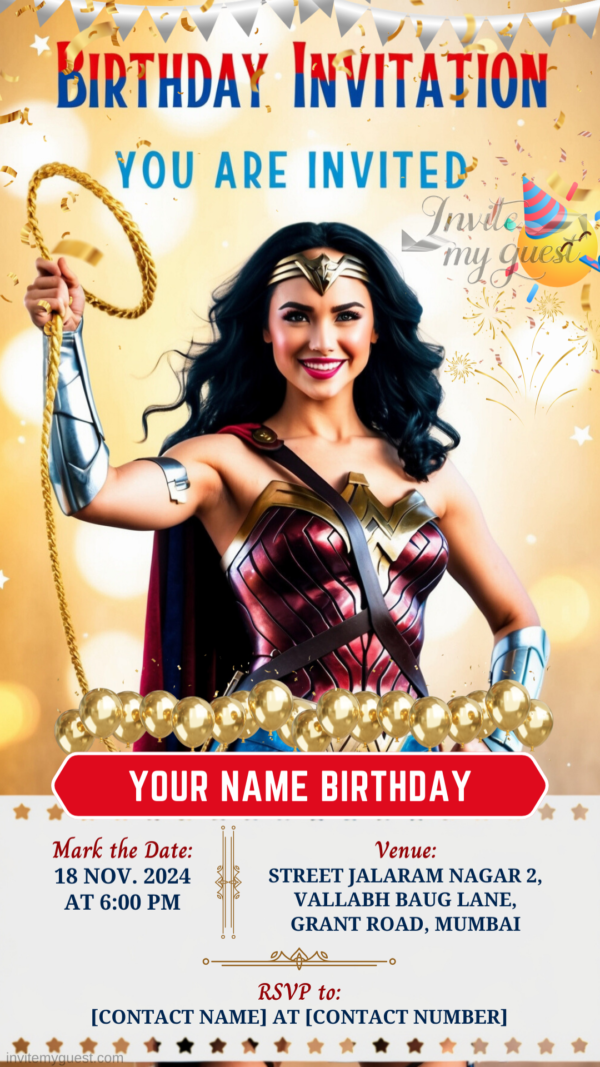 Embracing Courage Birthday Party Invitation Featuring Wonder Woman - Customizable Digital Design